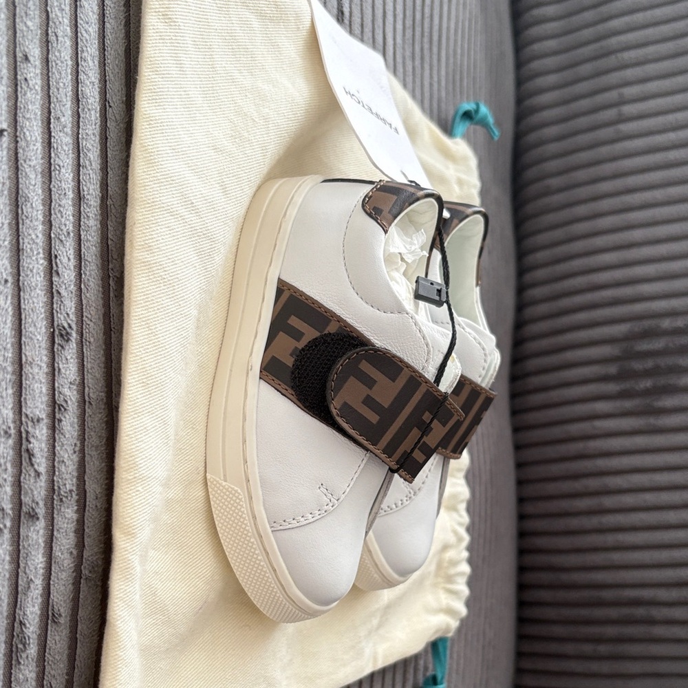 Fendi Kids Sneakers in White with Brown Accents - Picture 3 of 5